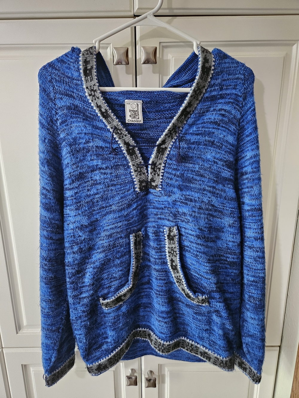 Chasqui Alpaca Wool Hand Knit Blue Hooded Sweater Hoodie Boho Eclectic Artisan